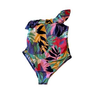 Motherhood Maternity One Shoulder Ruffle Tropical Leaf Swimsuit Multicolor M